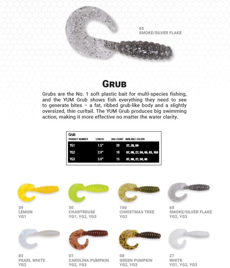 Yum Lures Grub Multi-Species Curly-Tail Swim-Bait Fishing Lure, White, 2" (18 Pack) - Image 3